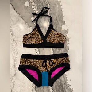 2000s J Morco Etsy Leopard Print Pink Blue ColorBlock Halter Bikini Set